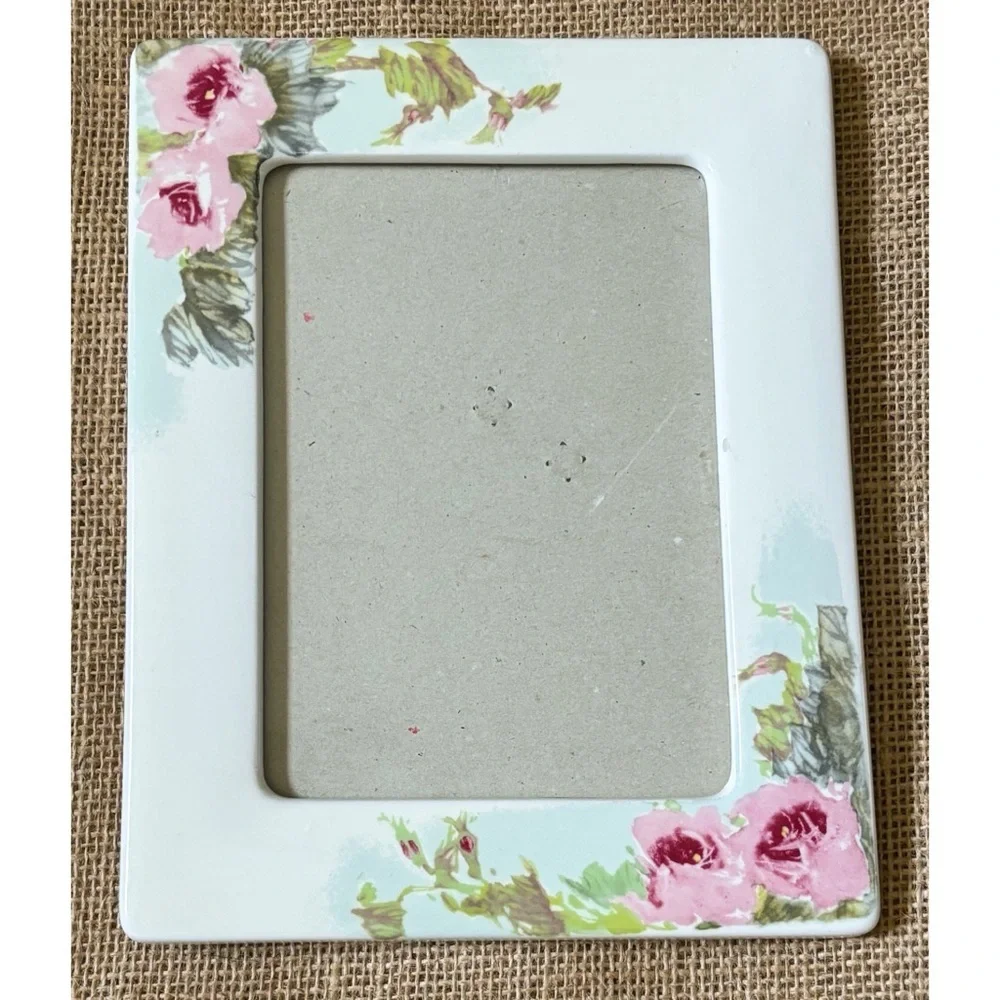 Vintage Off White Floral Ceramic Picture Frame Cottage Grandma Core Pink Flowers